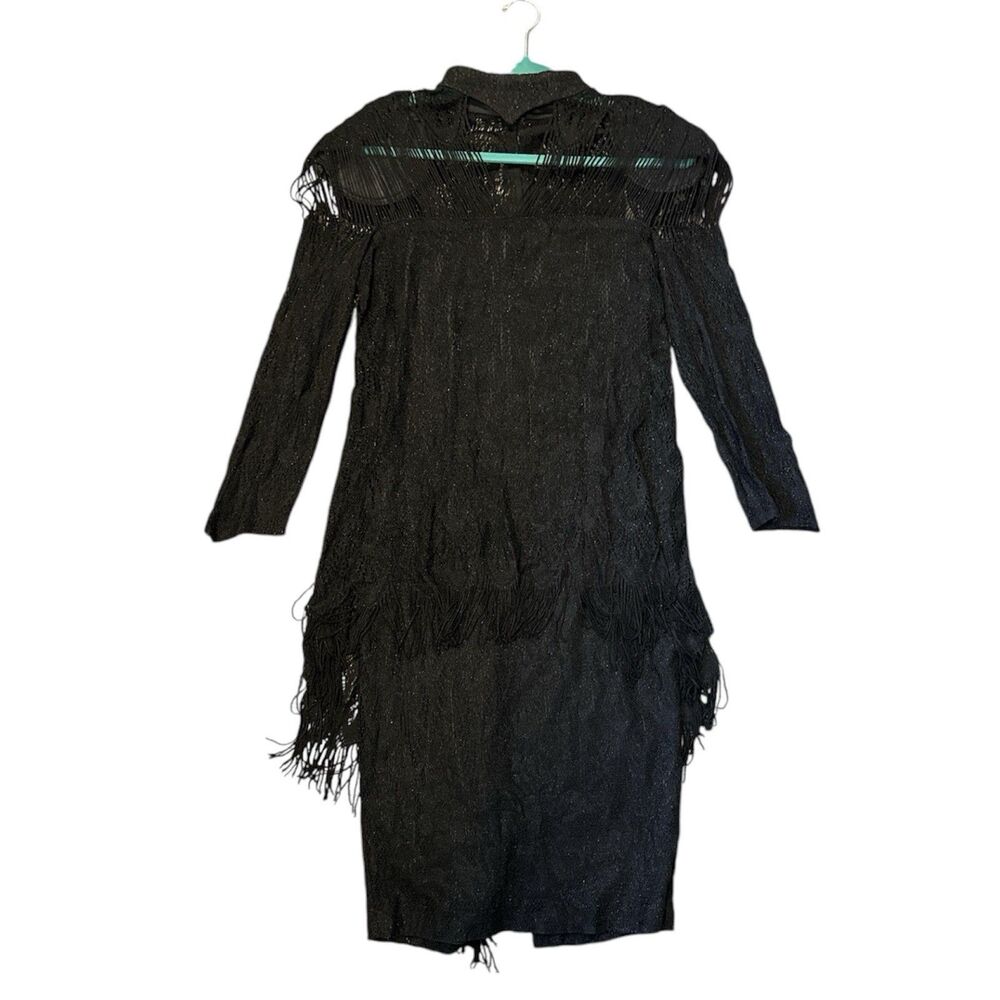 Vintage Damianou Black dress sz small lace sparkle crochet fringe gown formal